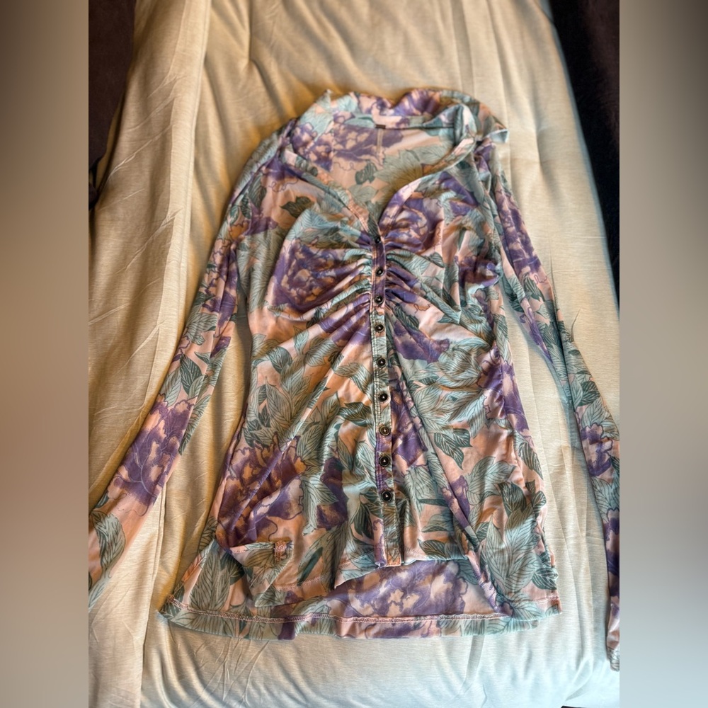 Free People Purple and Green Floral Ruched Blouse
